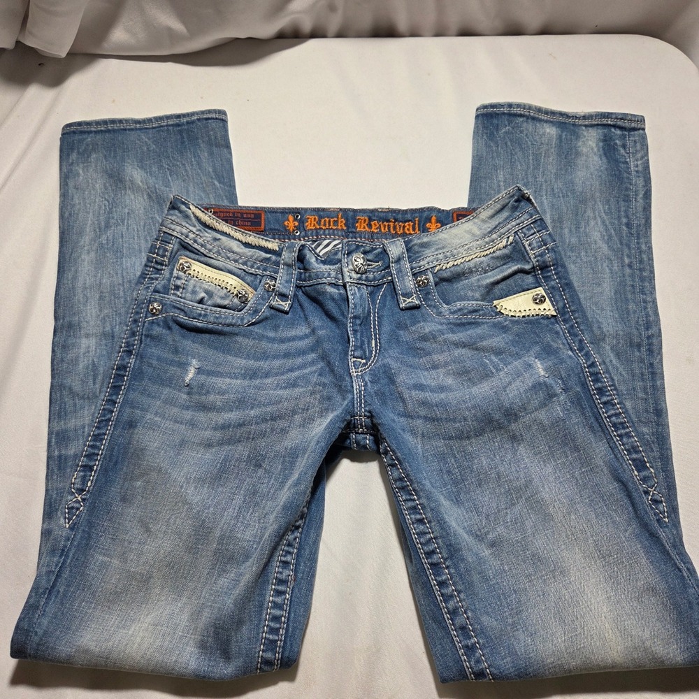 Rock Revival‎ Karlie Straight Leg Jeans Size 28 Medium Wash Distressed Y2K Denim